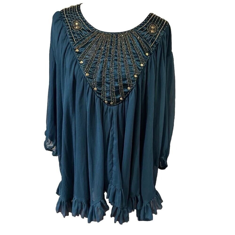 Women's Plus 28W Deep Teal Beaded Jeweled Tunic Top Boho Ruffle Flowy Denim 24/7
